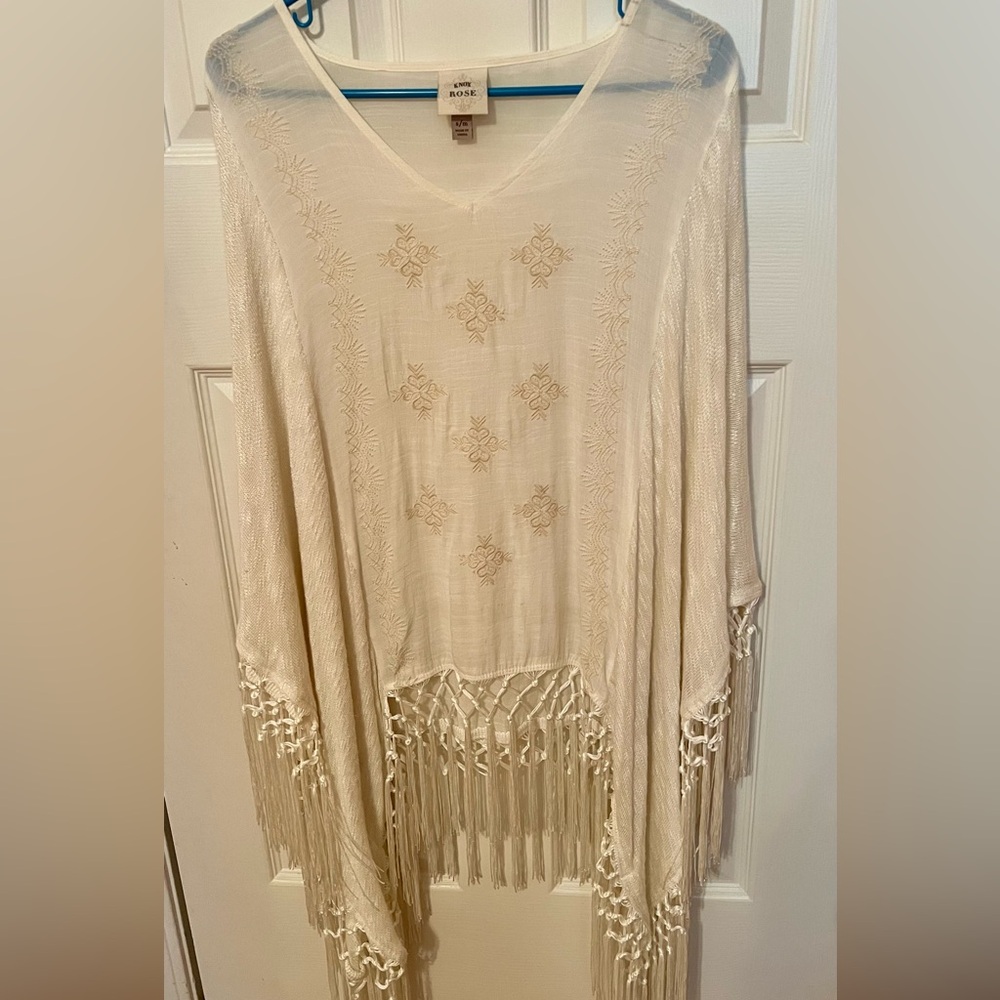 Cream Fringe Embroidered Poncho